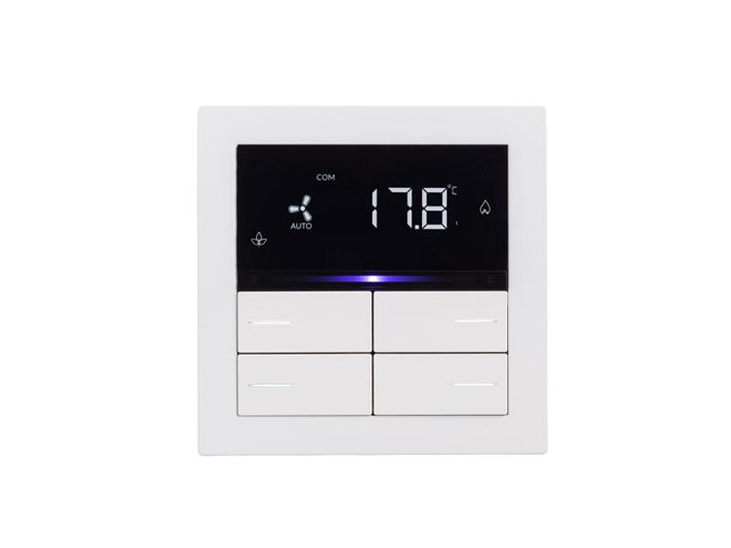 Termostat KNX alb cu display LCD si 4 butoane pentru control iluminat si clima smart home